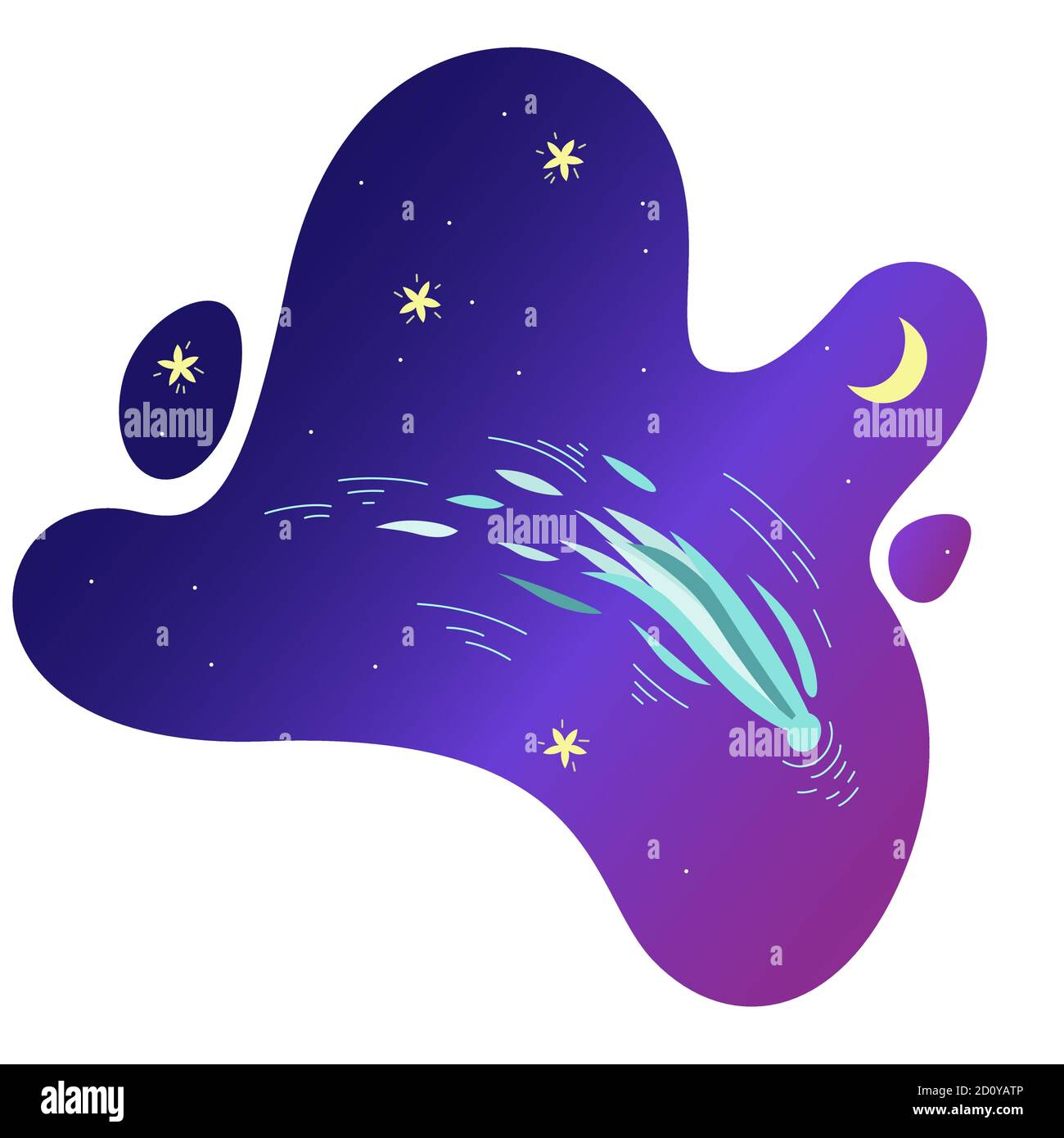 Komet fliegt im violetten Himmel mit glänzenden Sternen und Halbmond. Vektor-Illustration in niedlichen Cartoon-Stil Stock Vektor