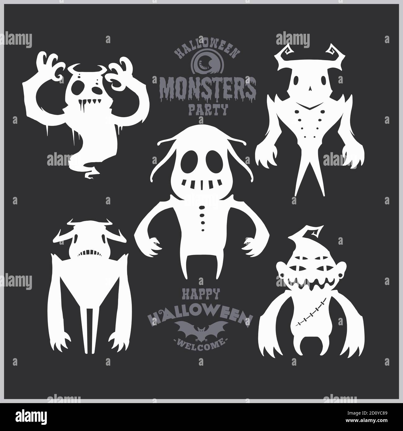 Set von Mostern für Halloween. Eine Sammlung von schwarzen Silhouetten mystischer Kreaturen. Vektor-Illustration von Monstern und Hexen. Stock Vektor