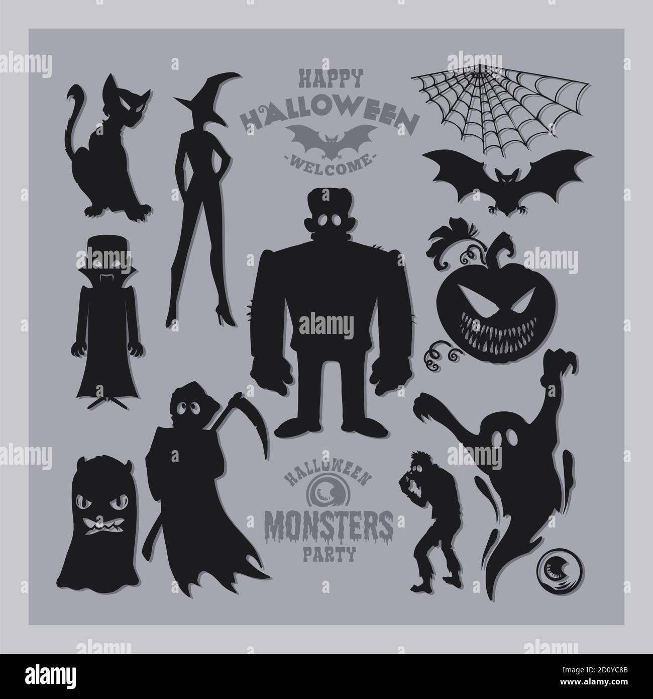 Set von Mostern für Halloween. Eine Sammlung von schwarzen Silhouetten mystischer Kreaturen 