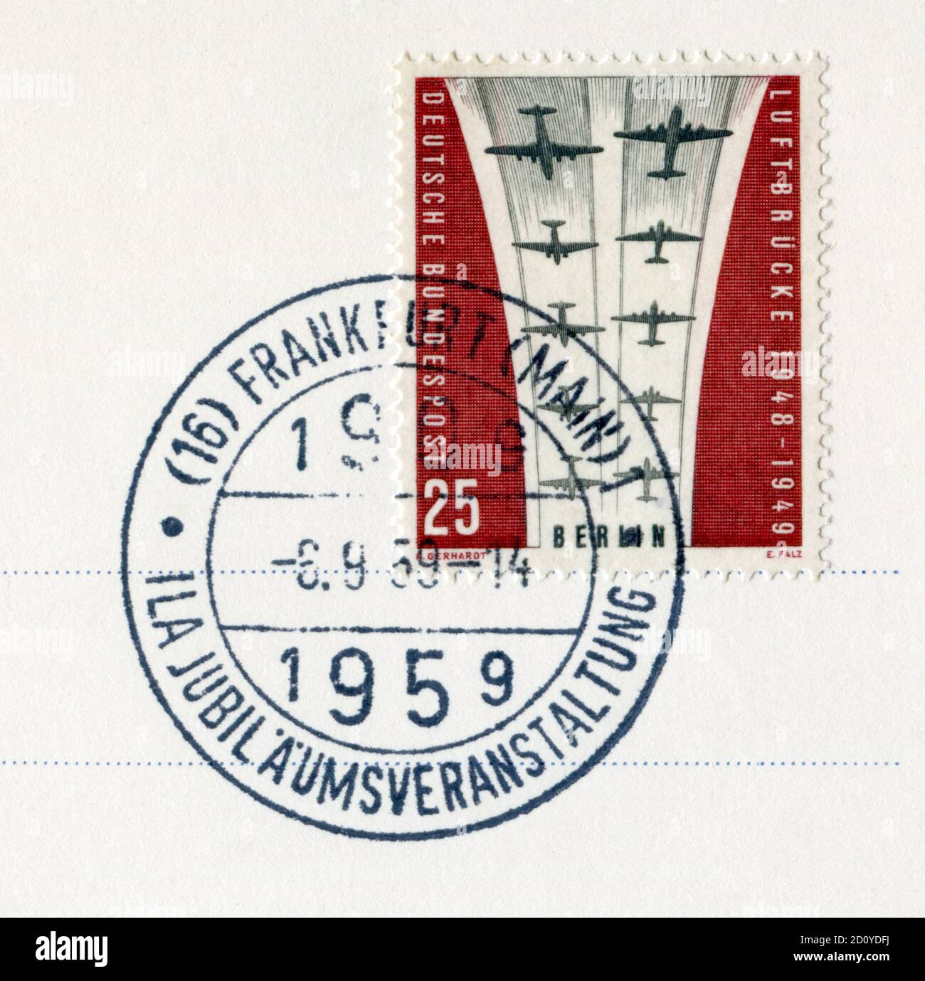 Historische Marke: 10 Jahre Jubiläum Berliner Luftbrücke zur Entblockung der Stadtblockade durch die Sowjetunion und die Länder des Warschauer Paktes, 1959 Stockfoto