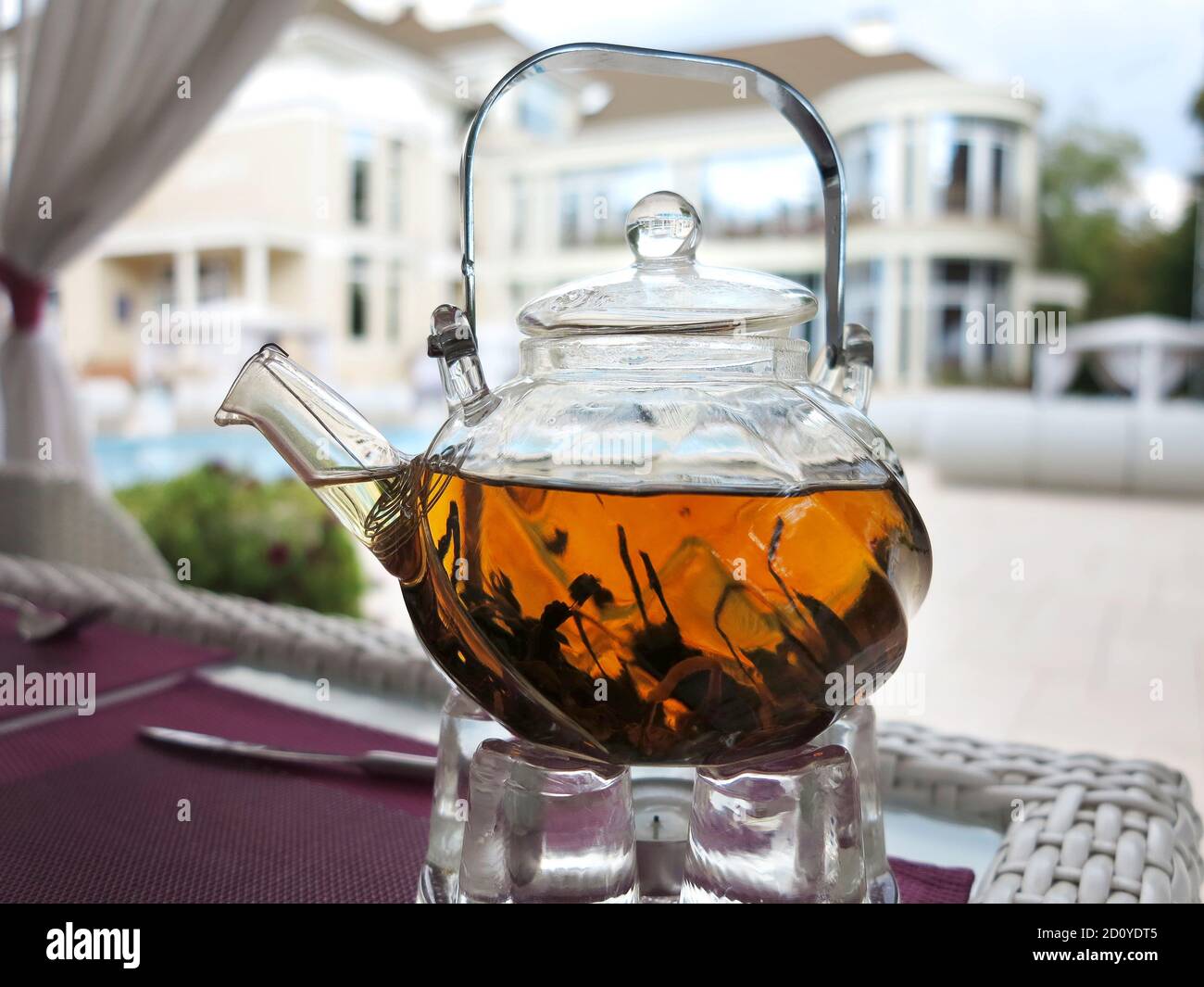 Teekanne aus Glas mit exotischen grüner Tee auf dem Tisch Stockfoto