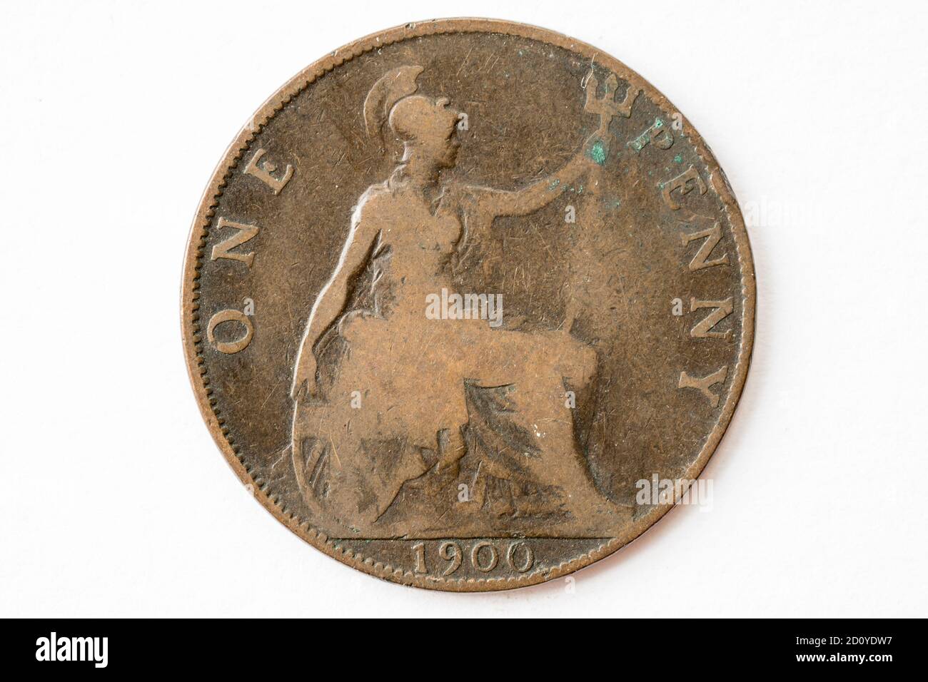 Eine Münze aus britischer viktorianischer Bronze, auf der Rückseite britannica und darunter das Datum 1900. Stockfoto