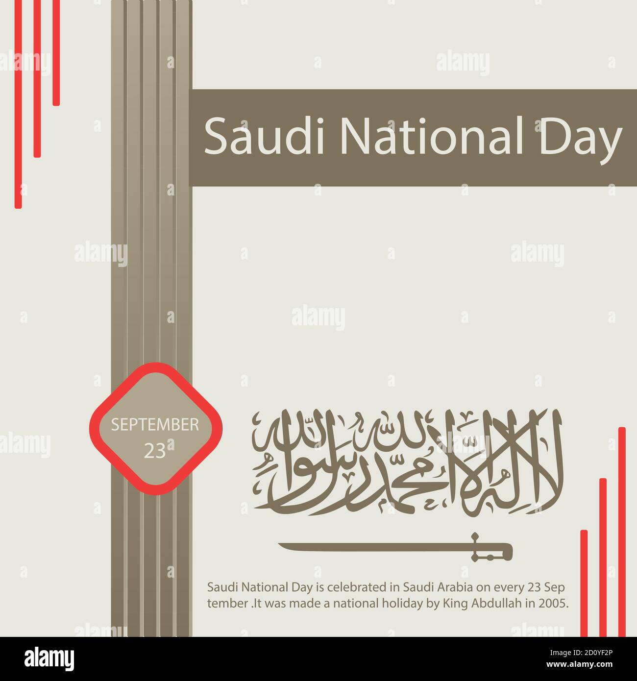 Der Nationalfeiertag Saudi-Arabiens wird in Saudi-Arabien jedes Jahr am 23. September gefeiert.Er wurde 2005 von König Abdullah zum Nationalfeiertag gemacht. Stock Vektor