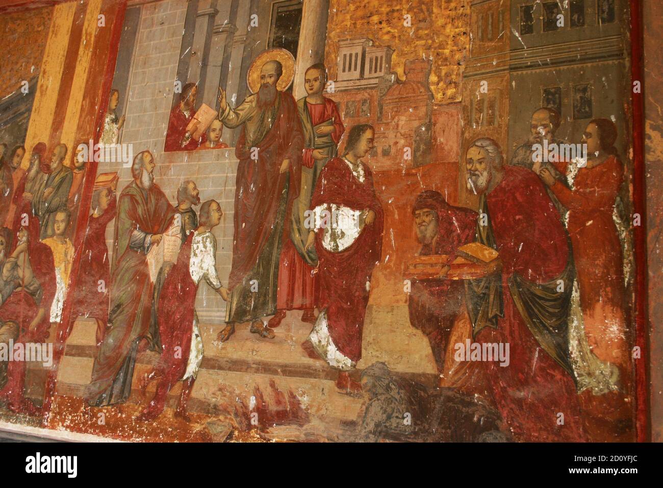Kloster Kaldarusani, Kreis Ilfov, Rumänien. Fresko mit der Darstellung des heiligen Paulus bei der Areopag-Predigt in Athen. Stockfoto