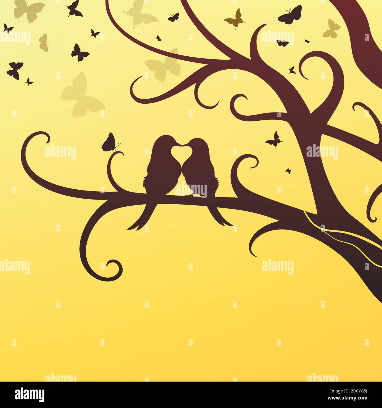 Frühling romantische Vögel sitzen auf einem Baum auf einem Hintergrund Einer Schar von Schmetterlingen Stock Vektor