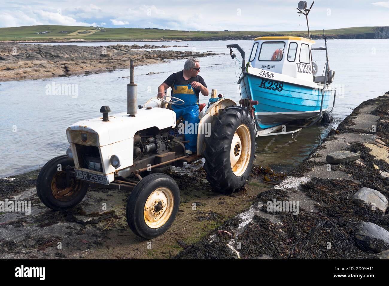 dh BIRSAY BAY ORKNEY Fischer mit Traktor ziehen Fischerboot An Land auf Rampe uk schottland Stockfoto