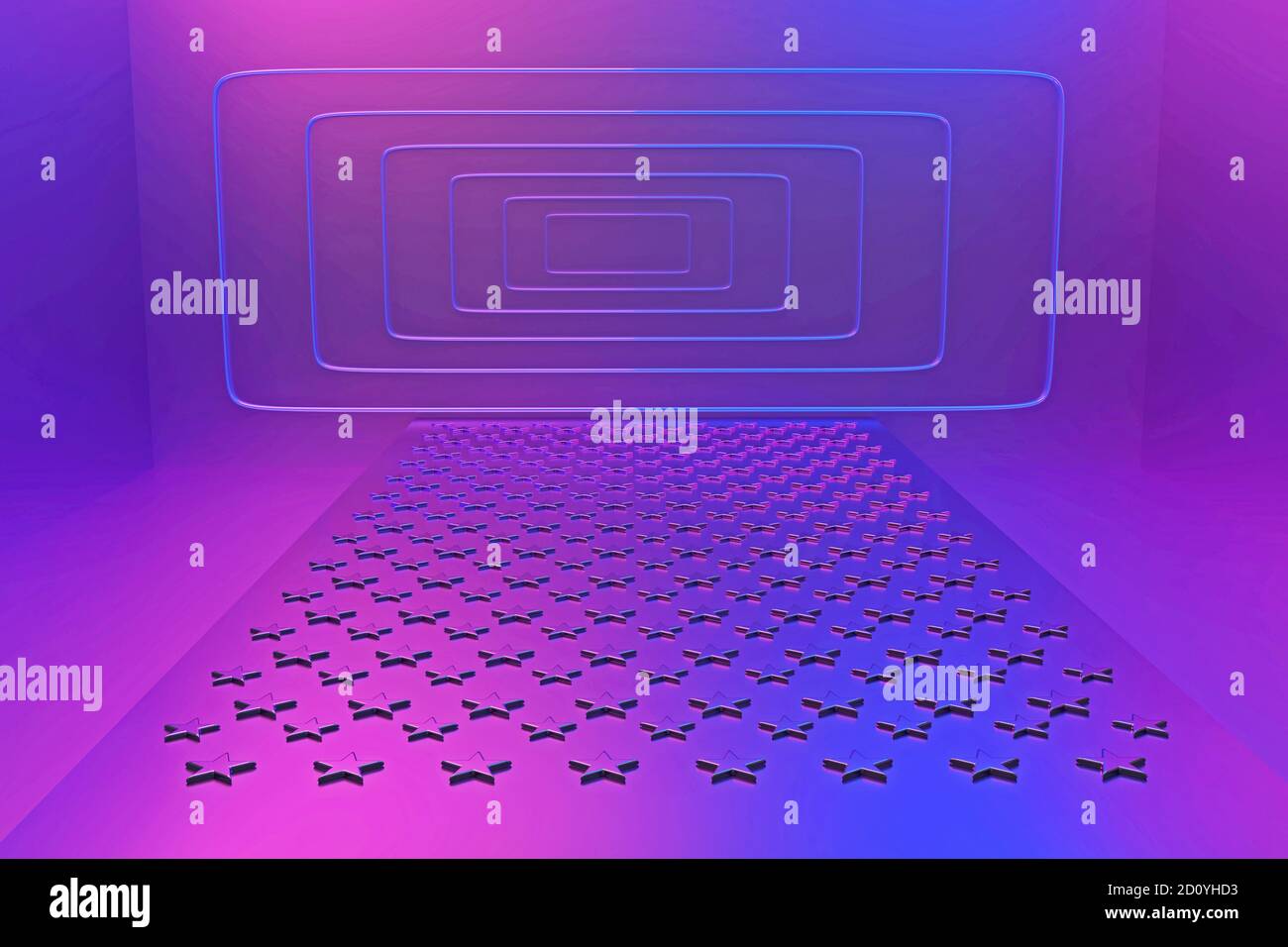 3D-Illustration, Metall Podium mit gewellten Relief Sterne auf seiner Oberfläche führt zu einem Portal von perspektivischen Rechtecken in neon-rosa und blauem Licht Stockfoto