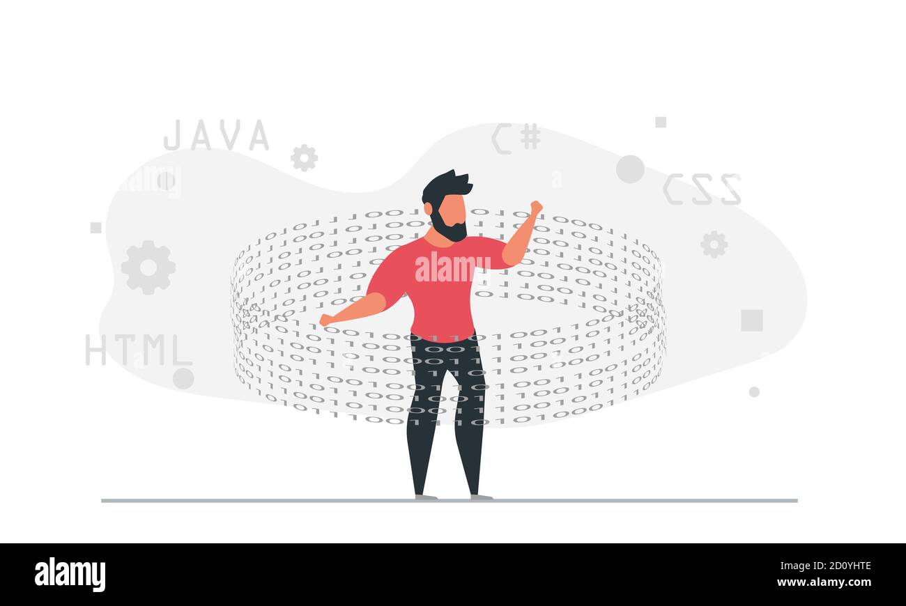Der Mann programmiert professionell in der virtuellen Realität. Programmierer Software Entwickler Konzept Vektor Illustration Stock Vektor