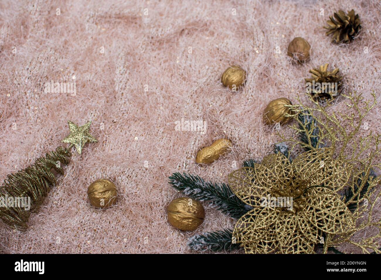 weihnachts-Layout auf Stoff Hintergrund. Christbaumzweige, goldene Nüsse, Fichtenzweig. Stockfoto