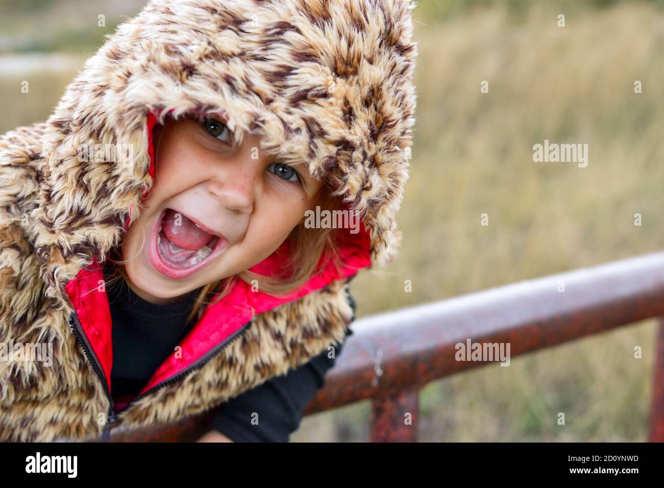 Kinderportrait, Nahaufnahme. Mädchen im Freien in der Natur. Schönes Mädchen 3 Jahre alt. Herbstfoto. Emotionen von Kindern. Das Mädchen in der Kapuze. Stockfoto