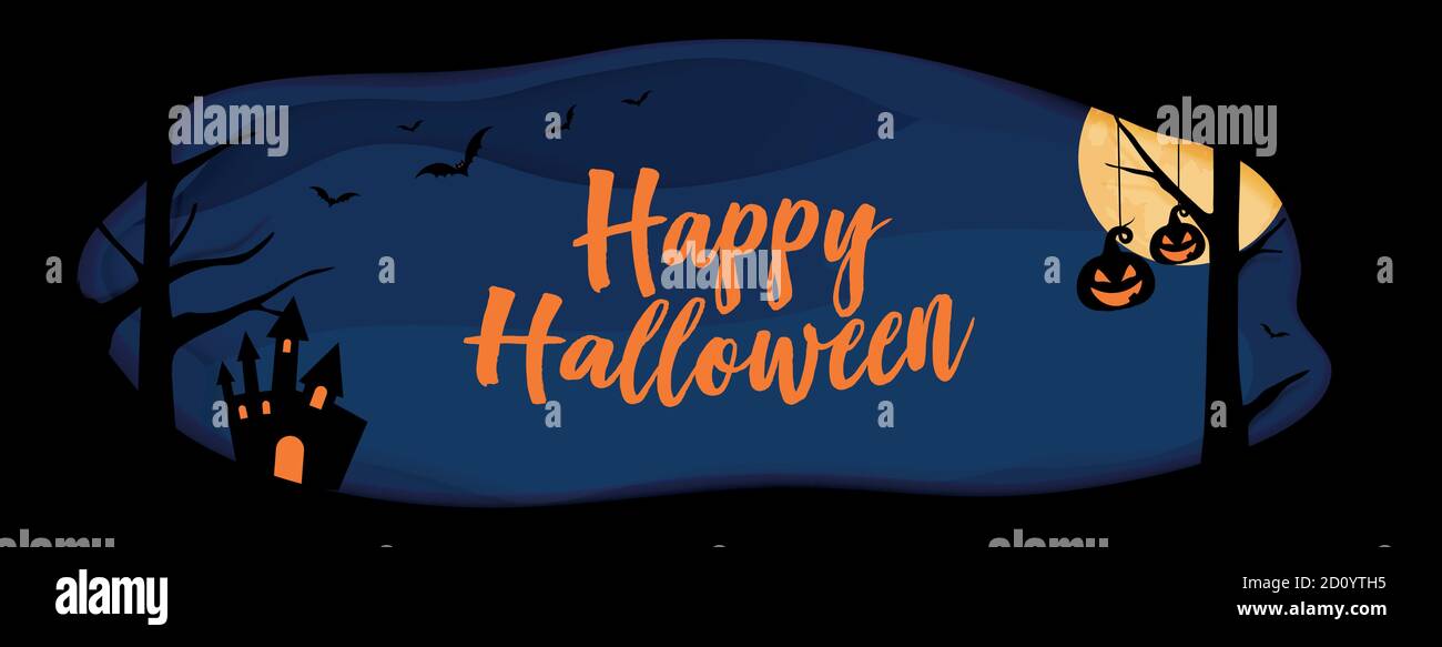Horizontaler Halloween Vektor blau Website Banner Hintergrund mit Happy Halloween Wort und Ebene Grenze, Fledermaus, Kürbis Stock Vektor