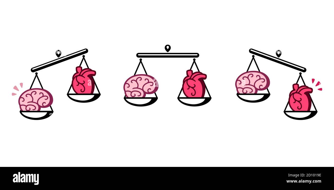 Gehirn und Herz auf Schuppen. Balance zwischen Logik und Emotion, Denken und Fühlen. Isolierte Vektor-Clip Art-Illustration. Stock Vektor