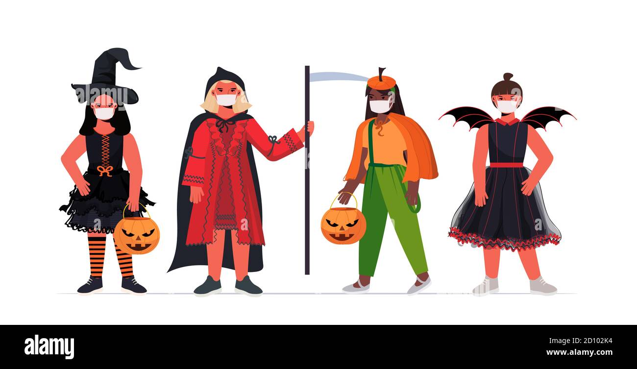 Set Mädchen in Masken tragen verschiedene Kostüme glücklich halloween-Party Feier coronavirus Quarantäne Konzept volle Länge horizontale Vektor-Illustration Stock Vektor