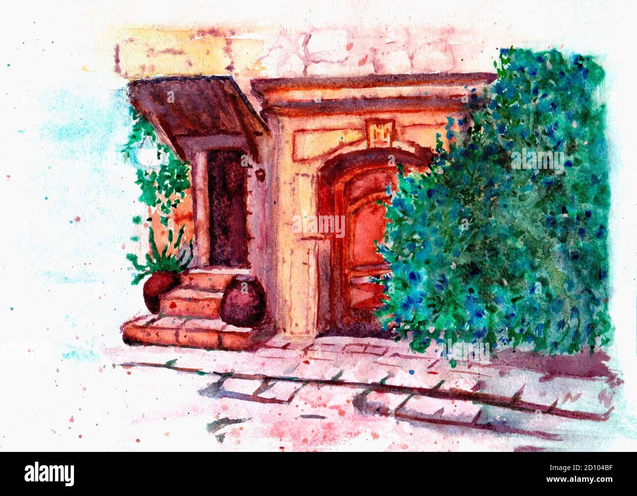 Aquarell Illustration Veranda und Tor des Hauses auf der Straße der Altstadt. Eine Tür und eine Treppe, ein Baum, Blumen in Töpfen. Pflastersteine. Retro Stockfoto