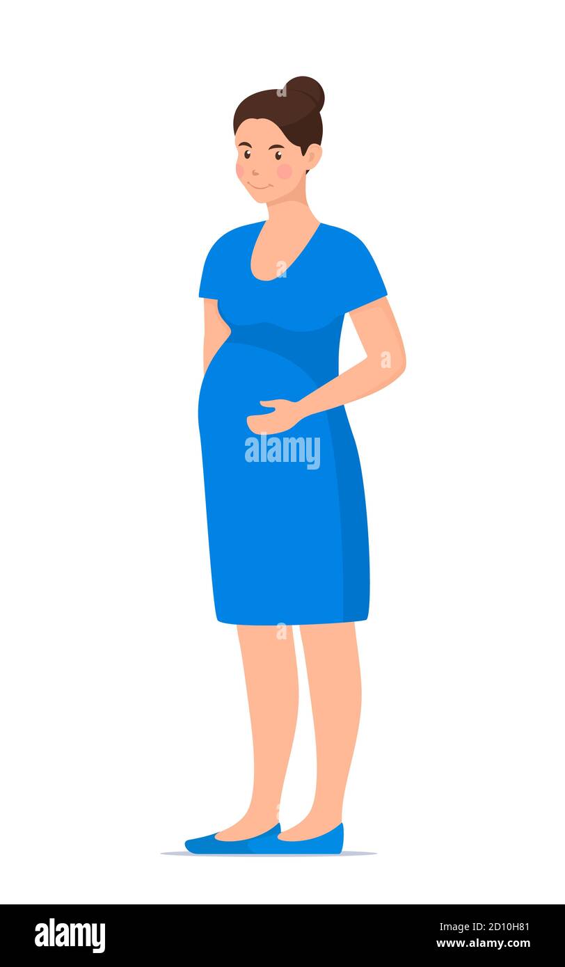 Nette schwangere Frau stehend und hält Hände den großen Bauch. Glücklich schöne schwangere Frau Charakter. Mädchen erwartet ein Baby. Mutterschaftskonzept. Vektor Stock Vektor