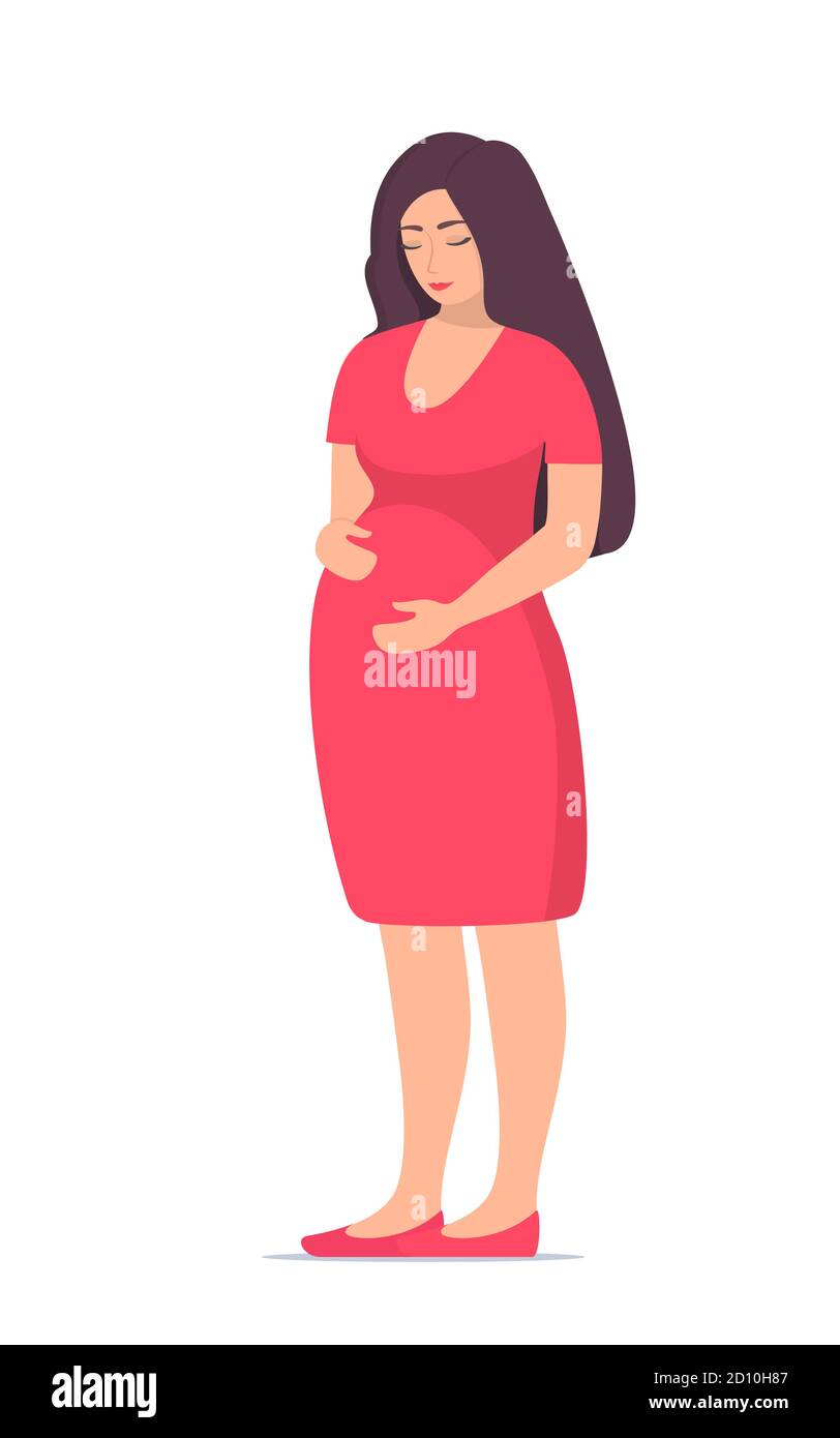 Nette schwangere Frau stehend und hält Hände den großen Bauch. Glücklich schöne schwangere Frau Charakter. Mädchen erwartet ein Baby. Mutterschaftskonzept. Vektor Stock Vektor