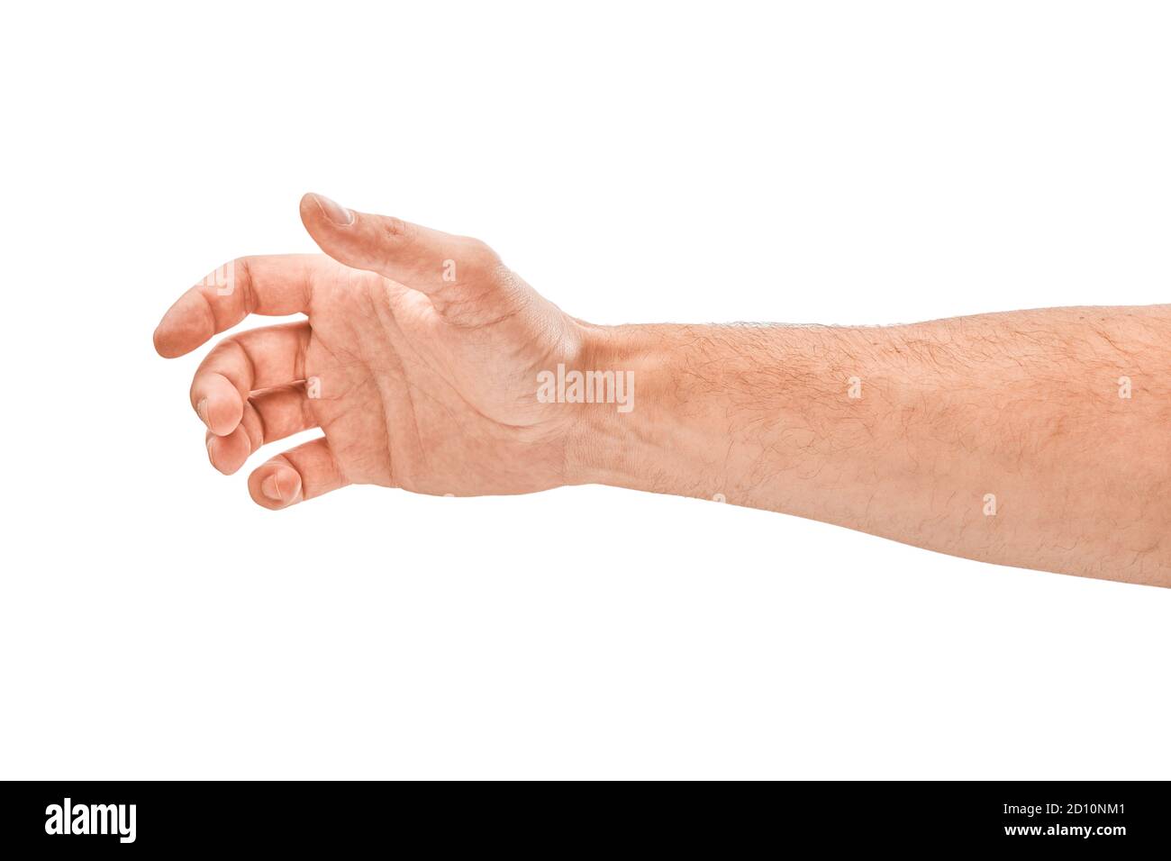 Leere offene männliche Hand isoliert auf weiß Stockfoto