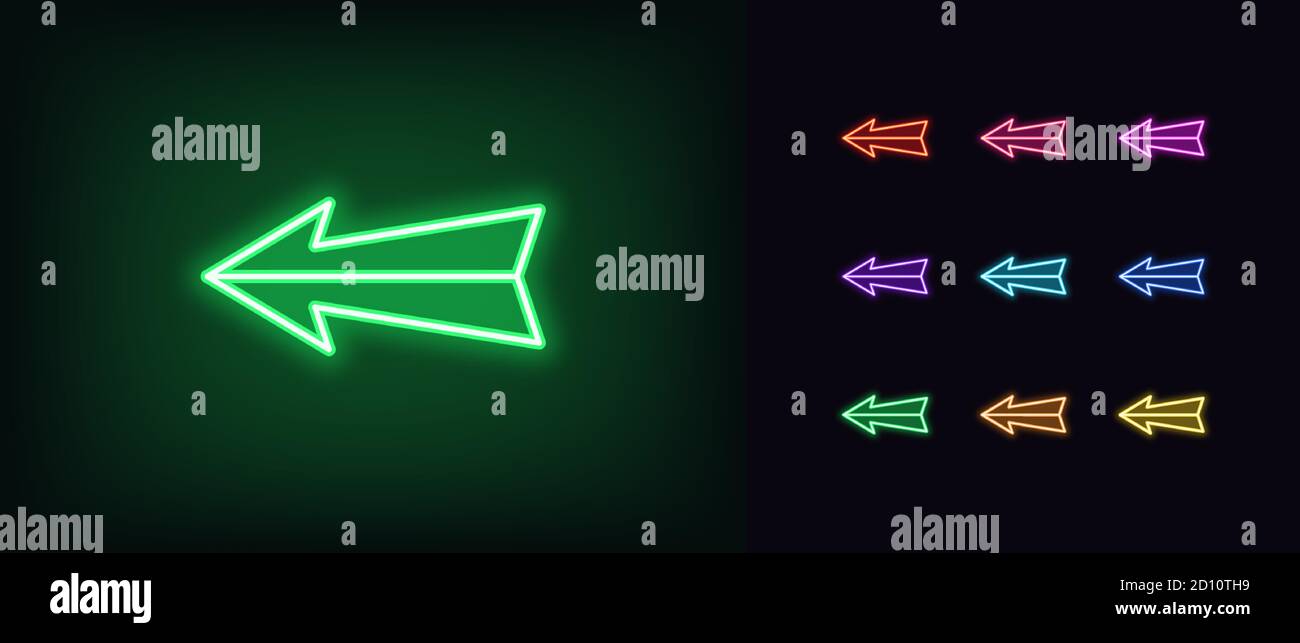 Neonpfeilsymbol. Leuchtendes Neon Pointer Zeichen, gerader Pfeil in lebendigen Farben. Retro-Navigation, Pfeilrichtung vorwärts zurück nach oben. Symbolsatz, Schild, sy Stock Vektor