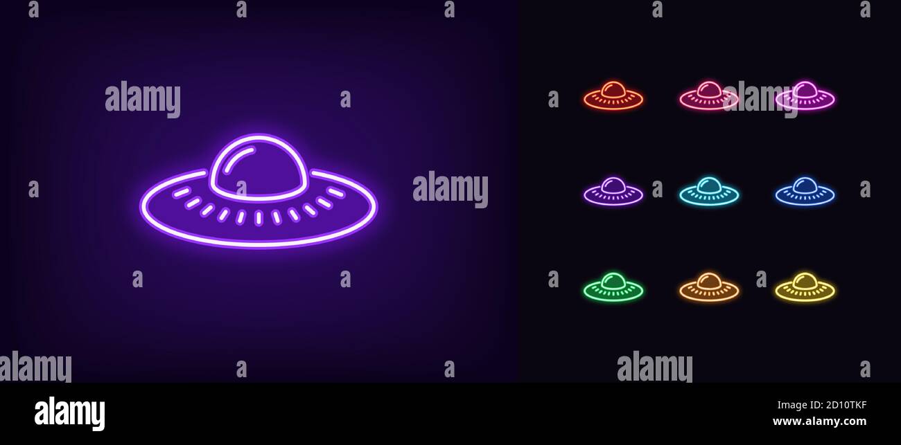 Neon Alien UFO, glühende Ikone. Neon Alien Raumschiff, UFO Raumschiff in lebendigen Farben. Space Invasion, marsienschiff, nicht identifiziertes fliegendes Objekt. Symbolsatz Stock Vektor