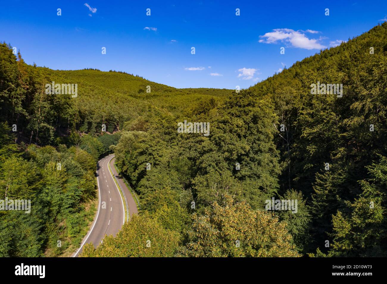 Luftaufnahme einer Bergstraße mit Radweg Durch einen gesunden europäischen Mischwald Stockfoto