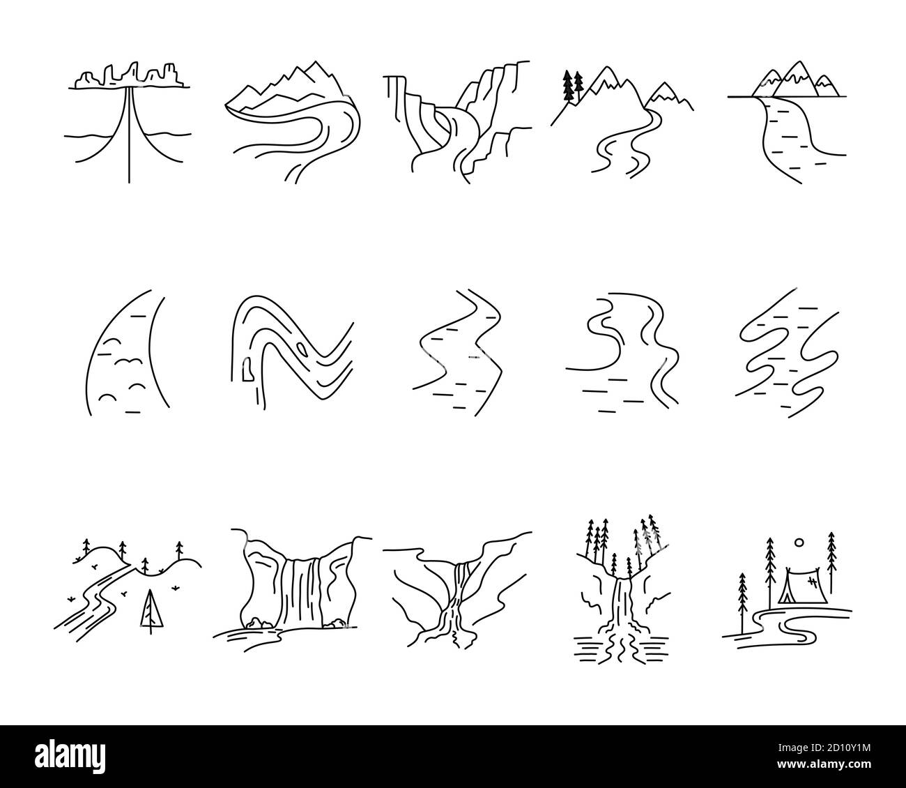 Einfache Vektor Täler, Flüsse und Berge Symbole Formen gesetzt. Logo Creation Kit. Outdoor Abenteuer Linie Kunst Elemente Bündel. Silhouette lineares Konzept Stock Vektor