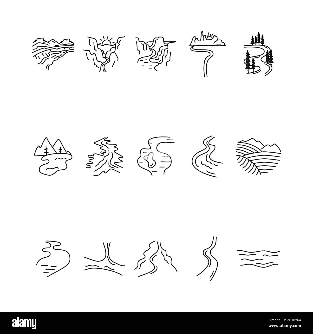 Einfache Vektor Täler, Flüsse und Berge Symbole Formen gesetzt. Logo Creation Kit. Outdoor Abenteuer Linie Kunst Elemente Bündel. Silhouette lineares Konzept Stock Vektor