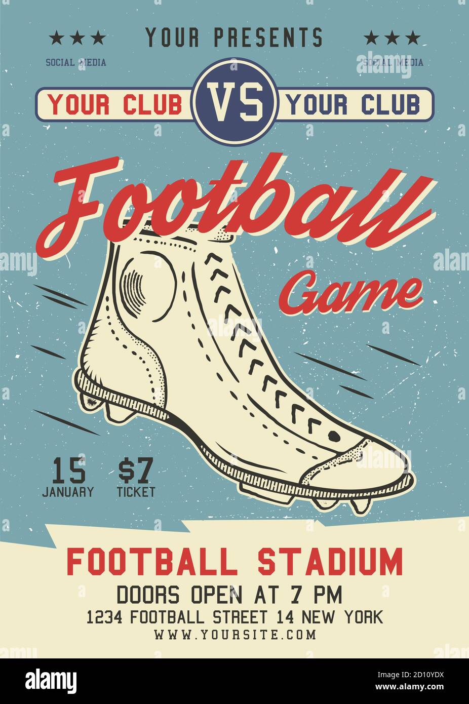 American Football Flyer A4 Format. Rugby Game Poster Grafikdesign mit Retro-Boot und Text. Stock Vektor Retro Sportkarte Stock Vektor