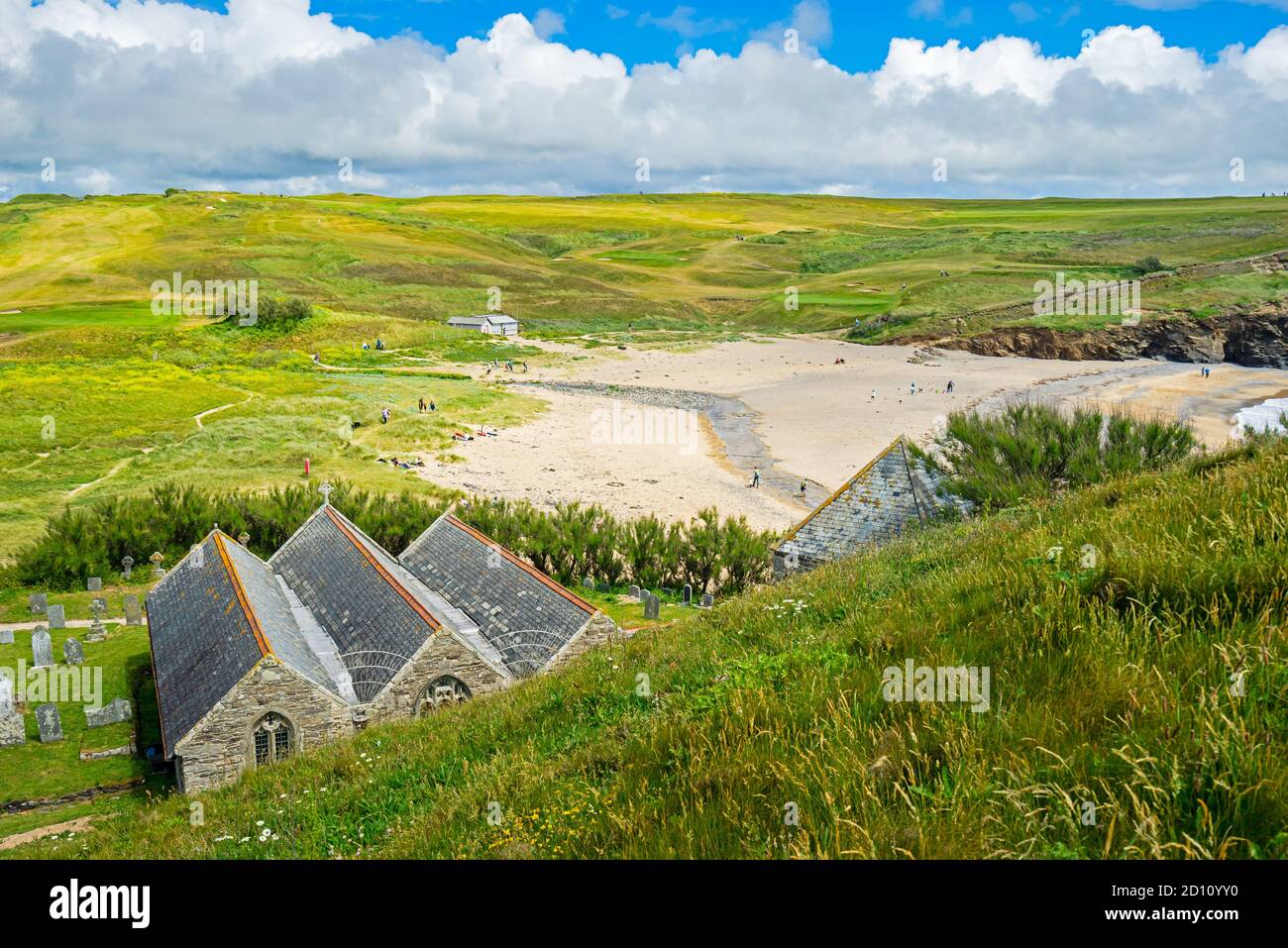 Blick auf Gunwalloe Church Cove Beach Cornwall England GB Europa Stockfoto
