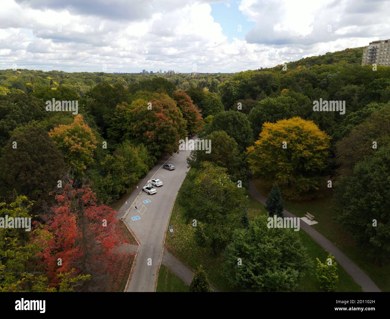 1. Oktober 2020, Springbank Park in London, Ontario, Kanada. Luftaufnahme der Parkstraßen im Herbst. Luke Durda/Alamy Stockfoto