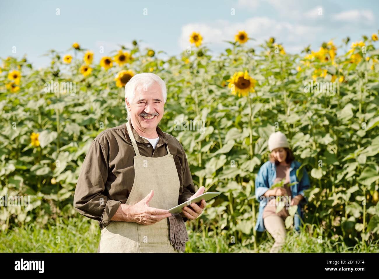 Reifer fröhlicher männlicher Bauer in Arbeitskleidung mit Touchpad vor Der Kamera Stockfoto