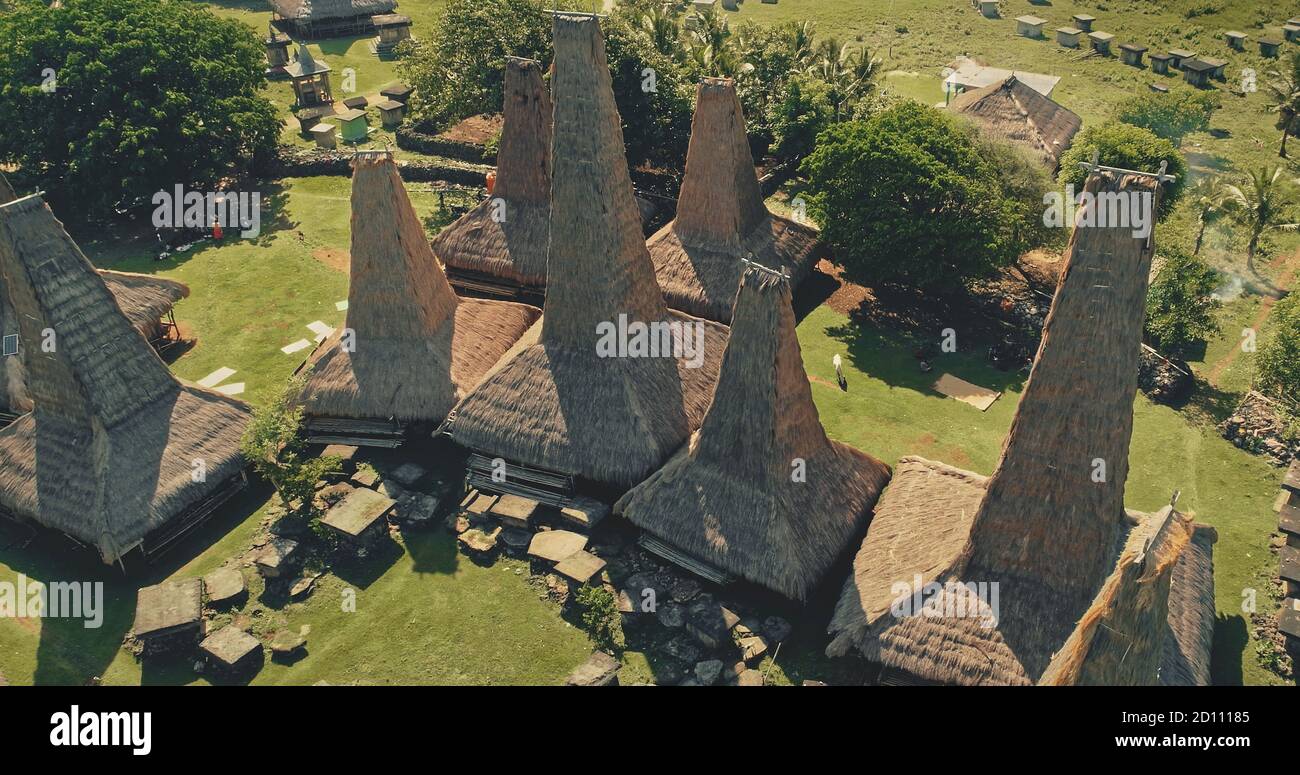 Top down grünen tropischen Ackerland mit einzigartigen Häusern in traditionellen Dorf Luftbild. Grüne Landschaft auf tropischer Natur am Sommertag der Sumba Insel, Indonesien, Asien bei Vogelauge Drohne erschossen Stockfoto