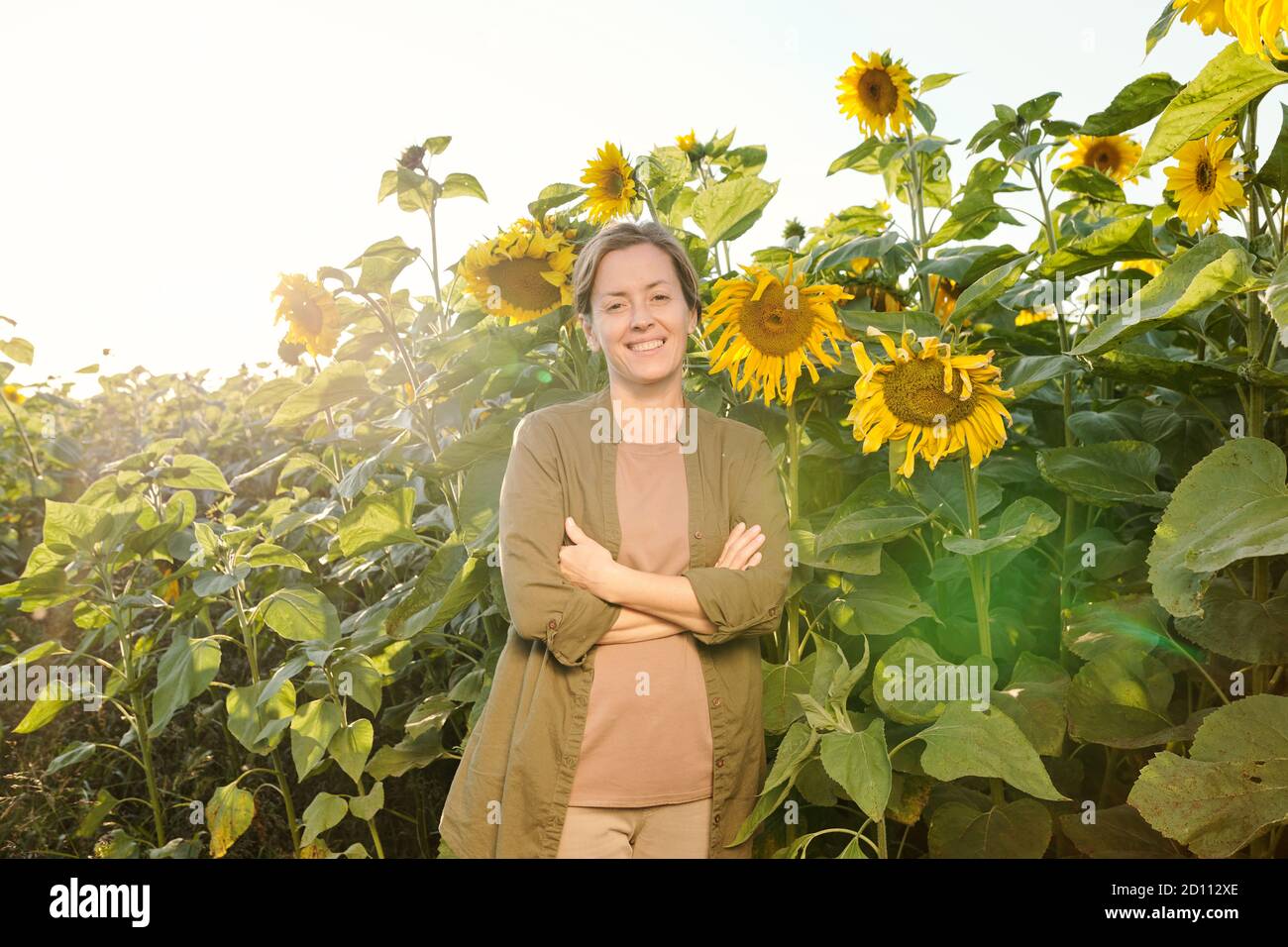 Glücklich reife Frau in Casualwear überqueren ihre Arme auf der Brust Unter Sonnenblumen Stockfoto