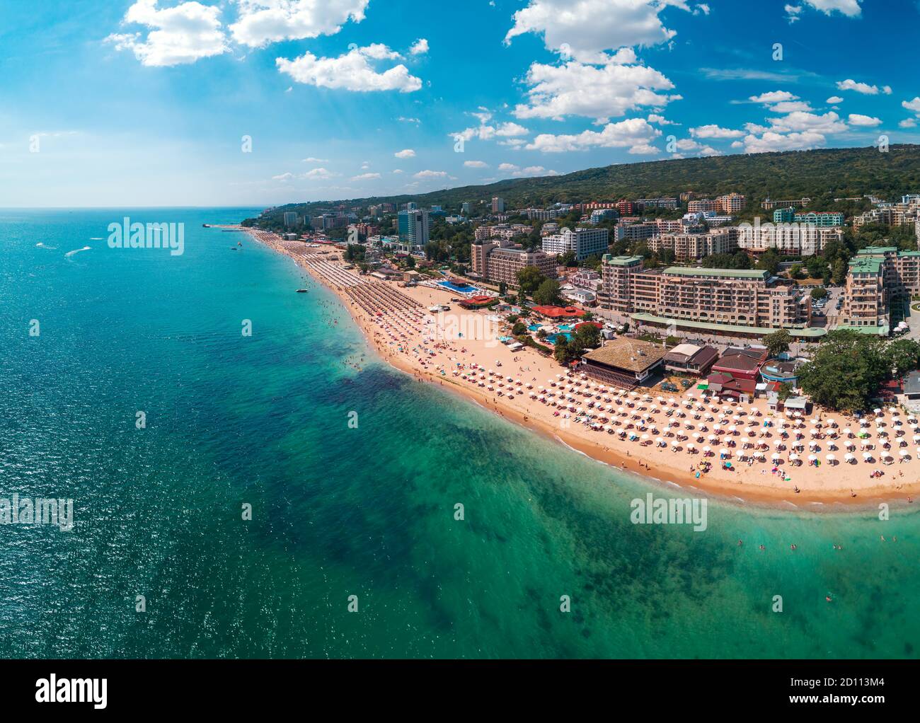 Luftaufnahme des Golden Sands Beach Resort, Zlatni Piasacithe in der Nähe von Varna, Bulgarien Stockfoto
