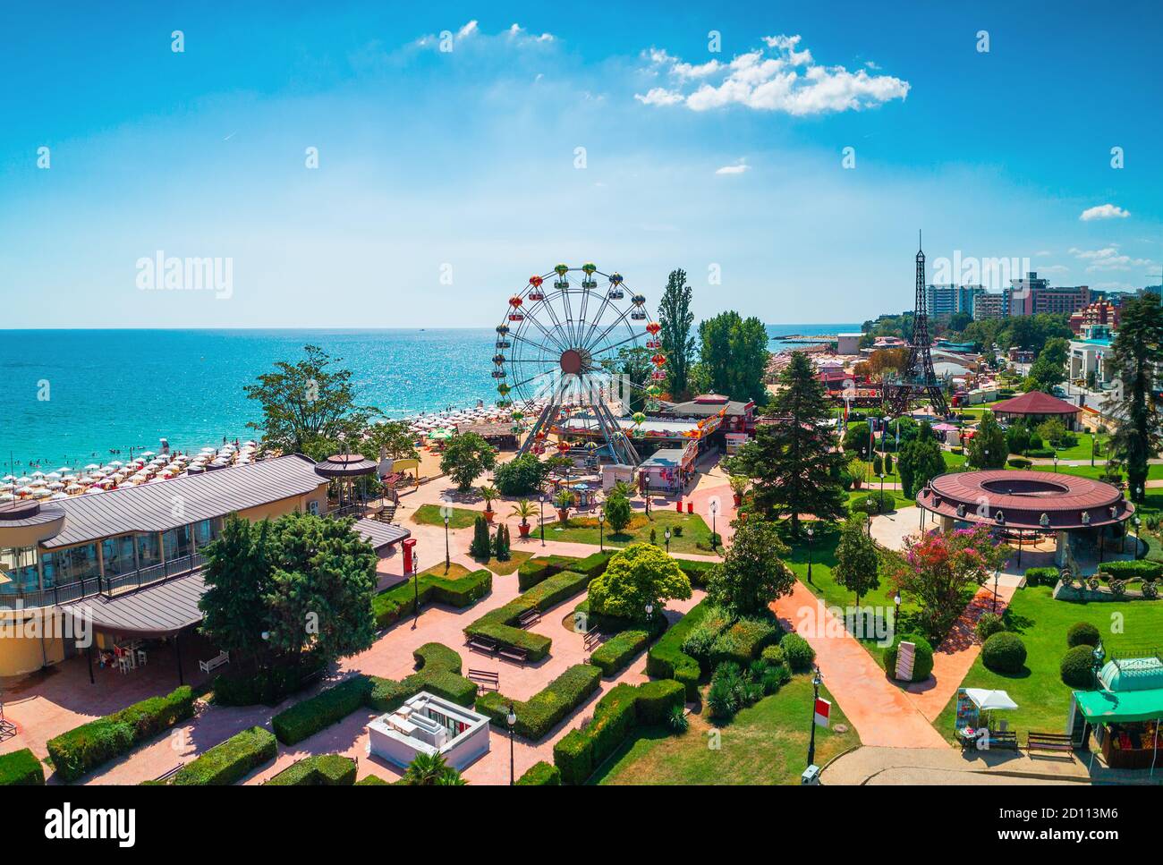 Luftaufnahme des Golden Sands Beach Resort, Zlatni Piasacithe in der Nähe von Varna, Bulgarien Stockfoto