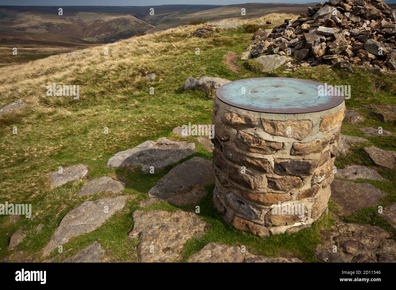 Toposkop auf Lost Lad in der Nähe von Back Tor, Derwent Edge im Peak District National Park, England, Großbritannien Stockfoto