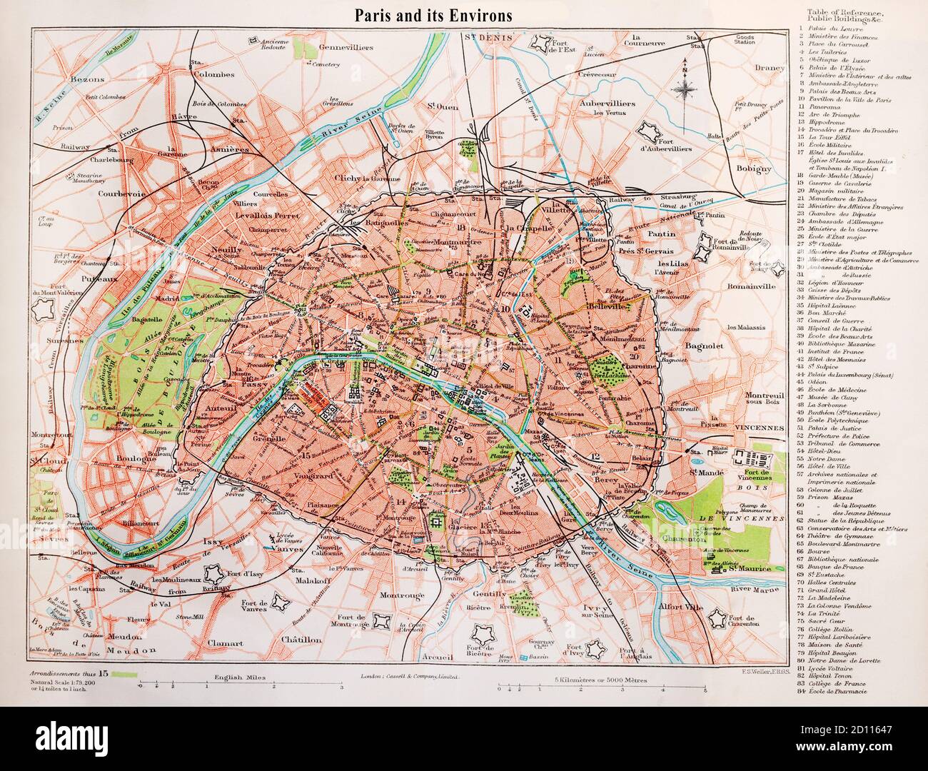 Eine Straßenkarte von Paris und Umgebung aus dem späten 19. Jahrhundert. Stockfoto