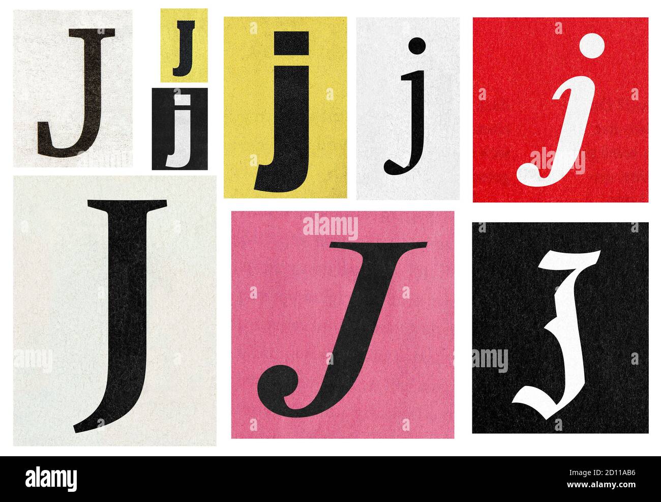 Papier geschnitten Brief j. Zeitungsmagazin Ausschnitte Collage Stockfoto