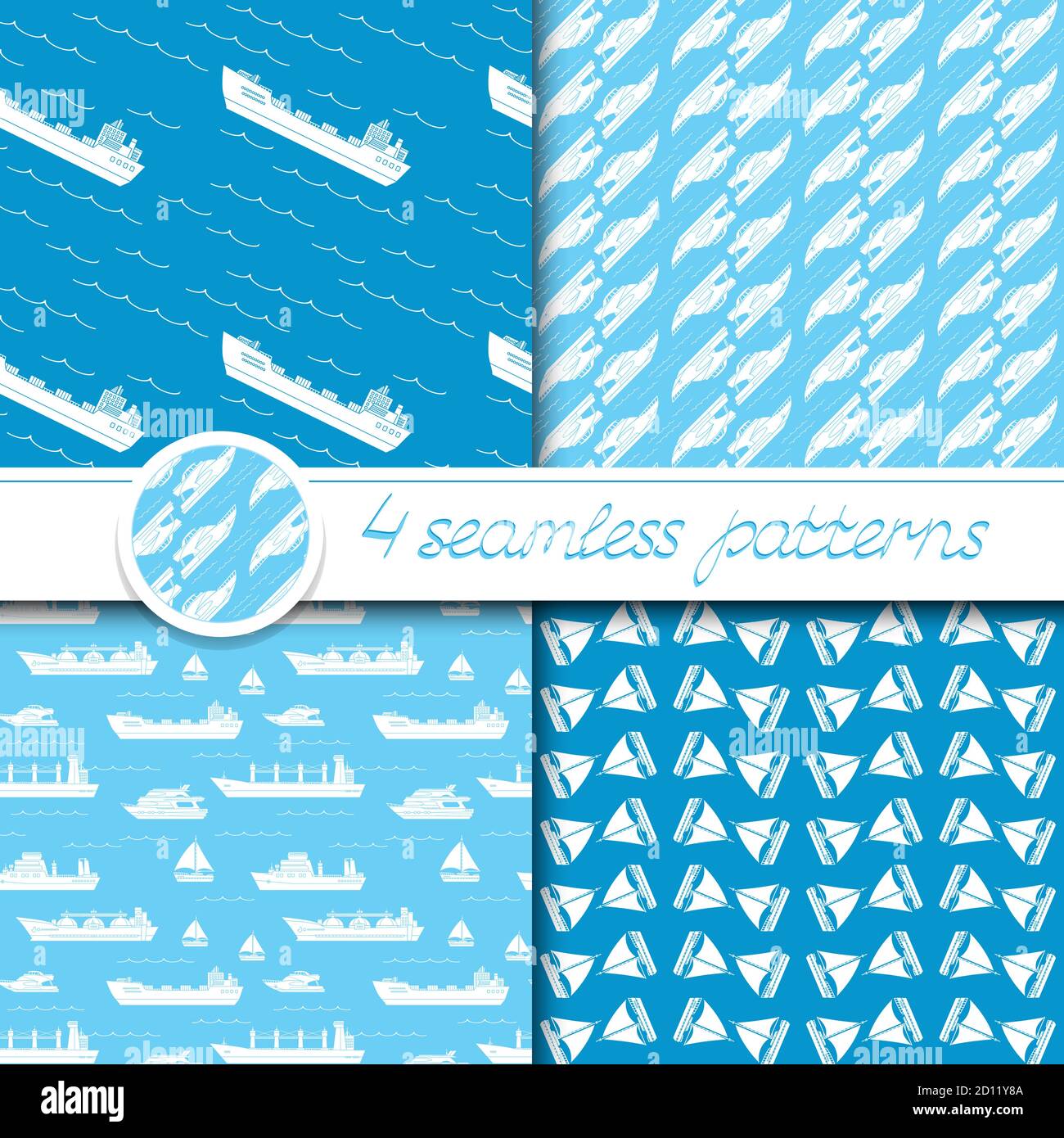 Vector Set von vier nahtlose Muster mit Schiffen: Bulk Carrier, Trockenfrachtschiff, Yacht, Segelboot. Stock Vektor