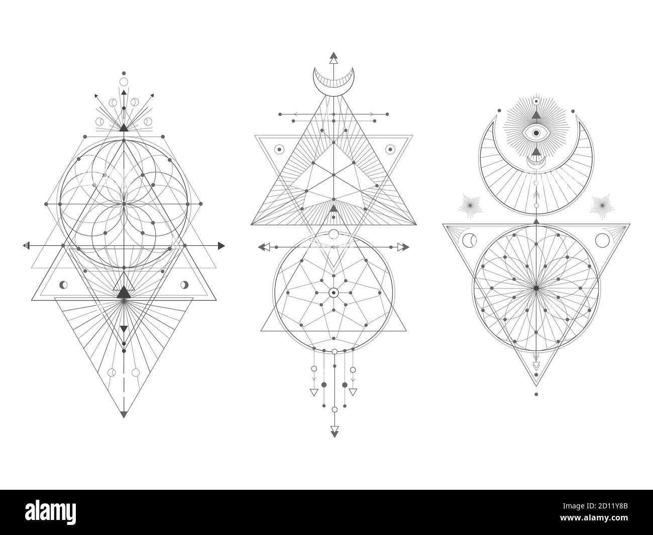 Vektor-Set von Heiligen geometrischen Symbolen auf weißem Hintergrund. Abstrakte Mystic Signs Kollektion. Schwarze lineare Formen. Für Sie Design: tattoo, Print, Post Stock Vektor