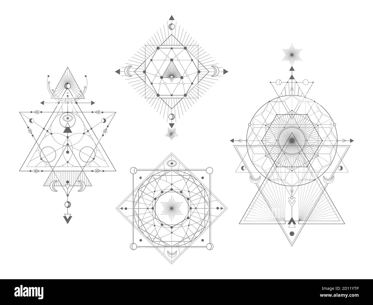 Vektor-Set von Heiligen geometrischen Symbolen auf weißem Hintergrund. Abstrakte Mystic Signs Kollektion. Schwarze lineare Formen. Für Sie Design: tattoo, Print, Post Stock Vektor