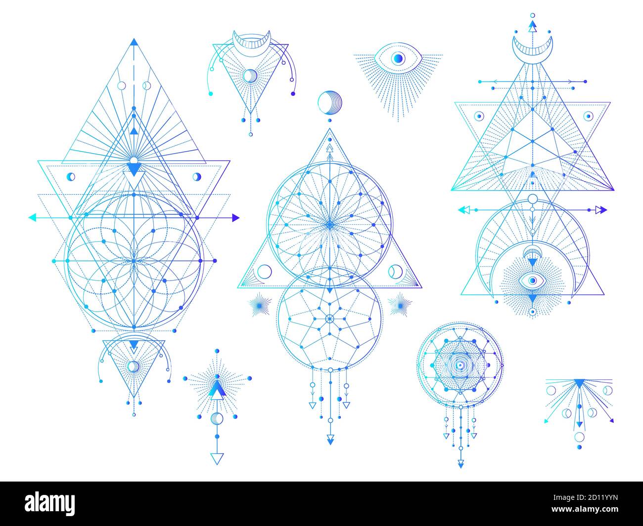 Vektor-Set von Heiligen geometrischen Symbolen mit Mond, Auge, Pfeile, Traumfänger auf weißem Hintergrund. Abstrakte Mystic Signs Kollektion. Farbiger linearer Shap Stock Vektor