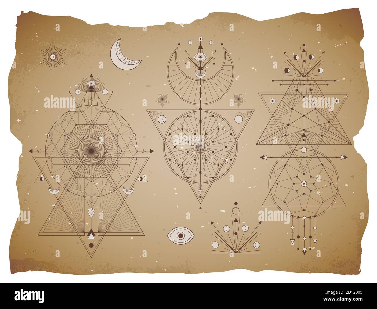 Vektor-Set von Heiligen geometrischen Symbolen mit Mond, Auge, Pfeile, Traumfänger und Figuren auf altem Papier Hintergrund mit abgerissenen Kanten. Abstrakte mystische Zeichen Stock Vektor