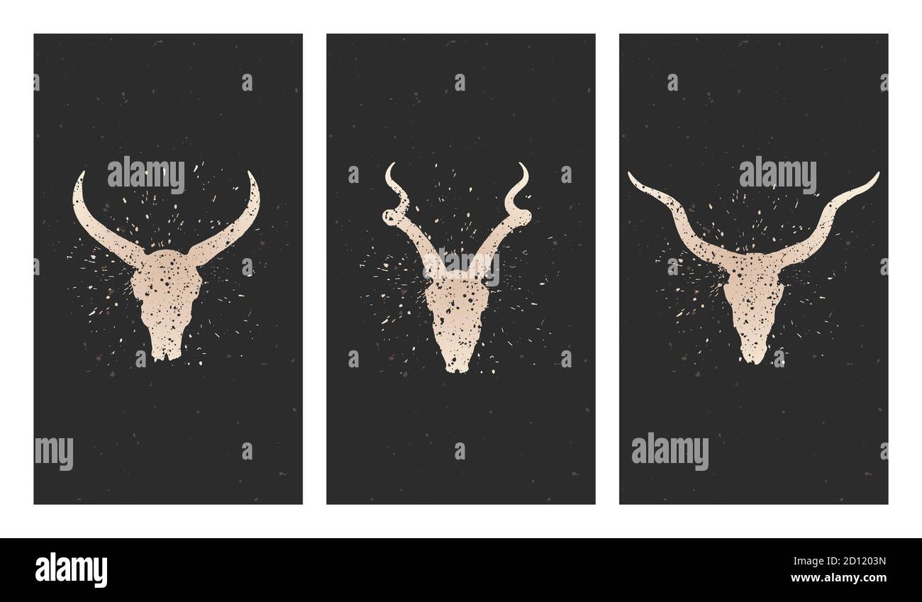 Vektor-Set von drei Illustrationen mit goldenen Silhouetten Schädel Antilope, wilden Büffel und Grunge Elemente auf schwarzem Hintergrund. Für Sie entwerfen, drucken, Stock Vektor