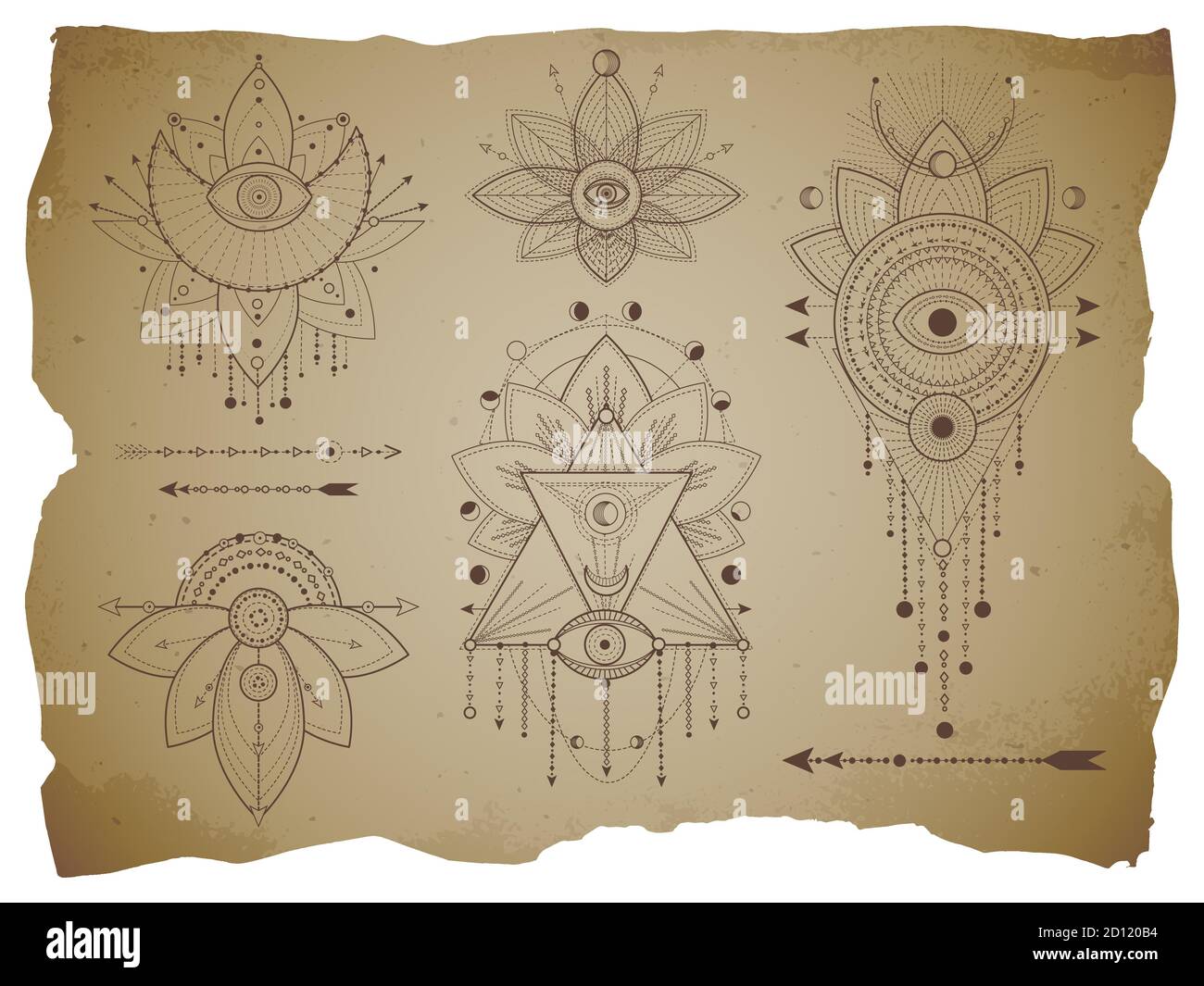 Vektor-Set von Heiligen geometrischen Symbolen und Lotus auf altem Papier Hintergrund mit abgerissenen Kanten. Abstrakte mystische Zeichen Sammlung in Linien gezeichnet. Für Sie des Stock Vektor