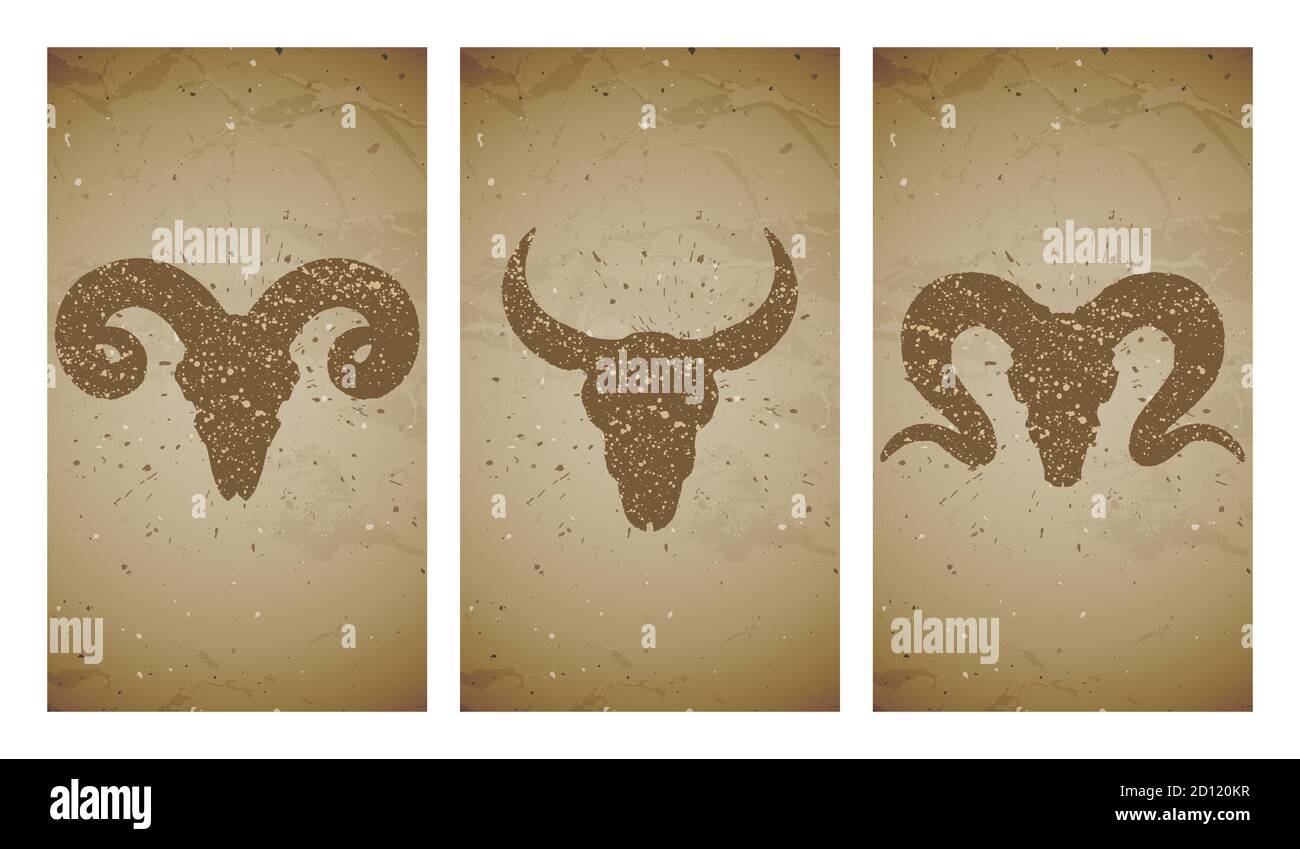 Vektor-Set von drei Illustrationen mit grunge Silhouetten Schädel wilden Büffel, Stier und RAM auf alten Textur-Hintergrund. Vintage-Skizze in Sepia-Farbe. Stock Vektor