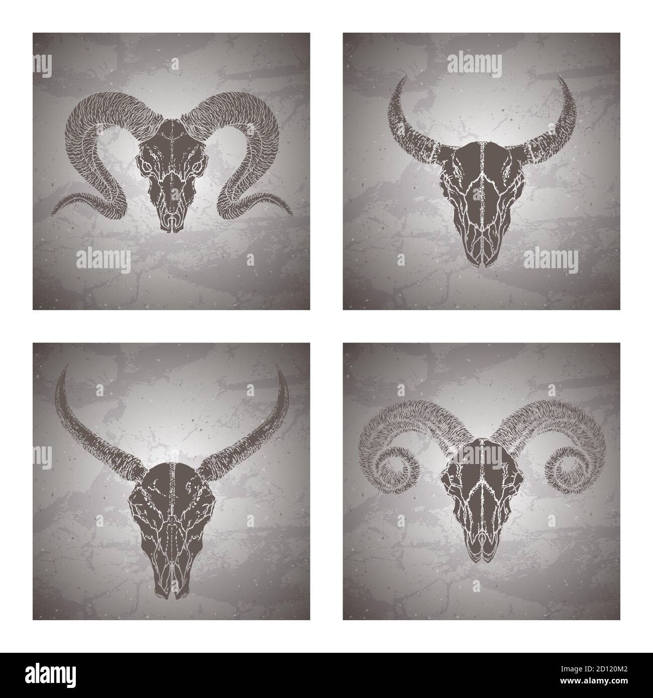 Vektor-Set von vier Illustrationen mit handgezeichneten Silhouetten Schädel wilden Büffel, Stier und RAM auf vintage Grunge Hintergrund. Skizze in dunkler Farbe. Für Stock Vektor