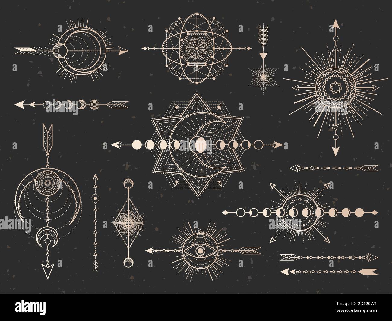 Vektor-Set von Heiligen Symbolen Pfeile, Mond und Auge auf schwarzem Grunge Hintergrund. Gold abstrakte mystische Zeichen Sammlung in Linien gezeichnet. Für Sie entwerfen und Stock Vektor