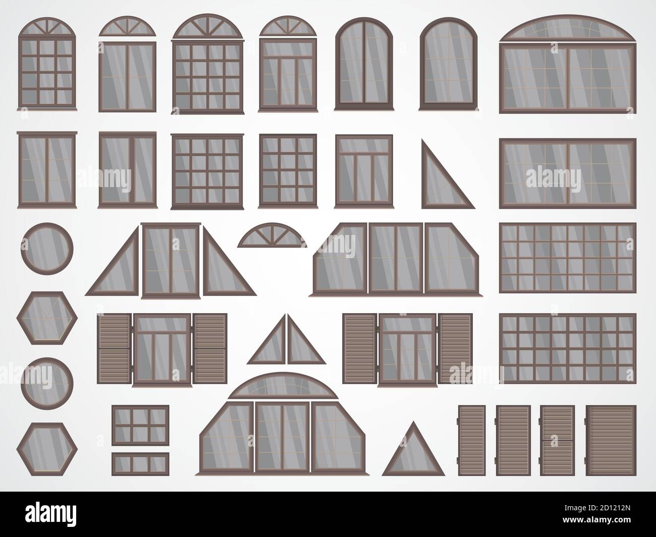 Vector Satz von verschiedenen Fenstern und Fensterläden. In hellen Farben. Stock Vektor