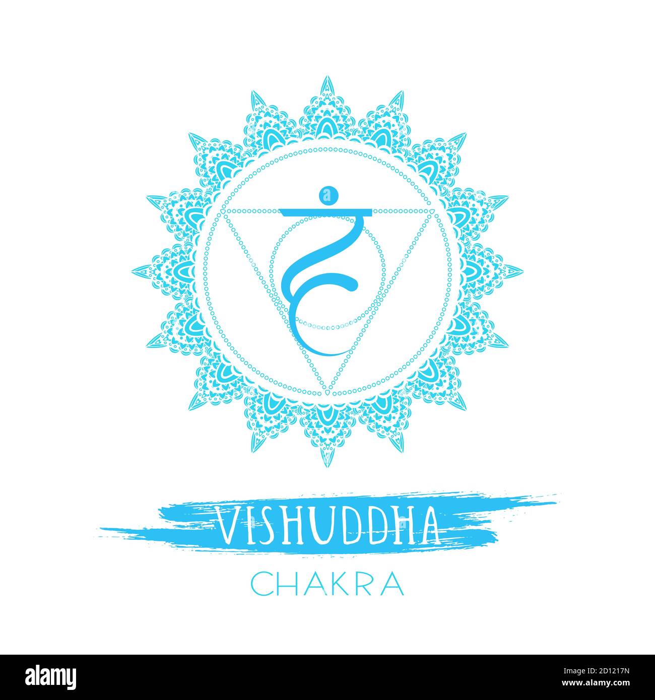 Vektor-Illustration mit Symbol Vishuddha - Kehlchakra und Aquarell-Element auf weißem Hintergrund. Kreis-Mandala-Muster und handgezeichnete Schriftzüge. Stock Vektor