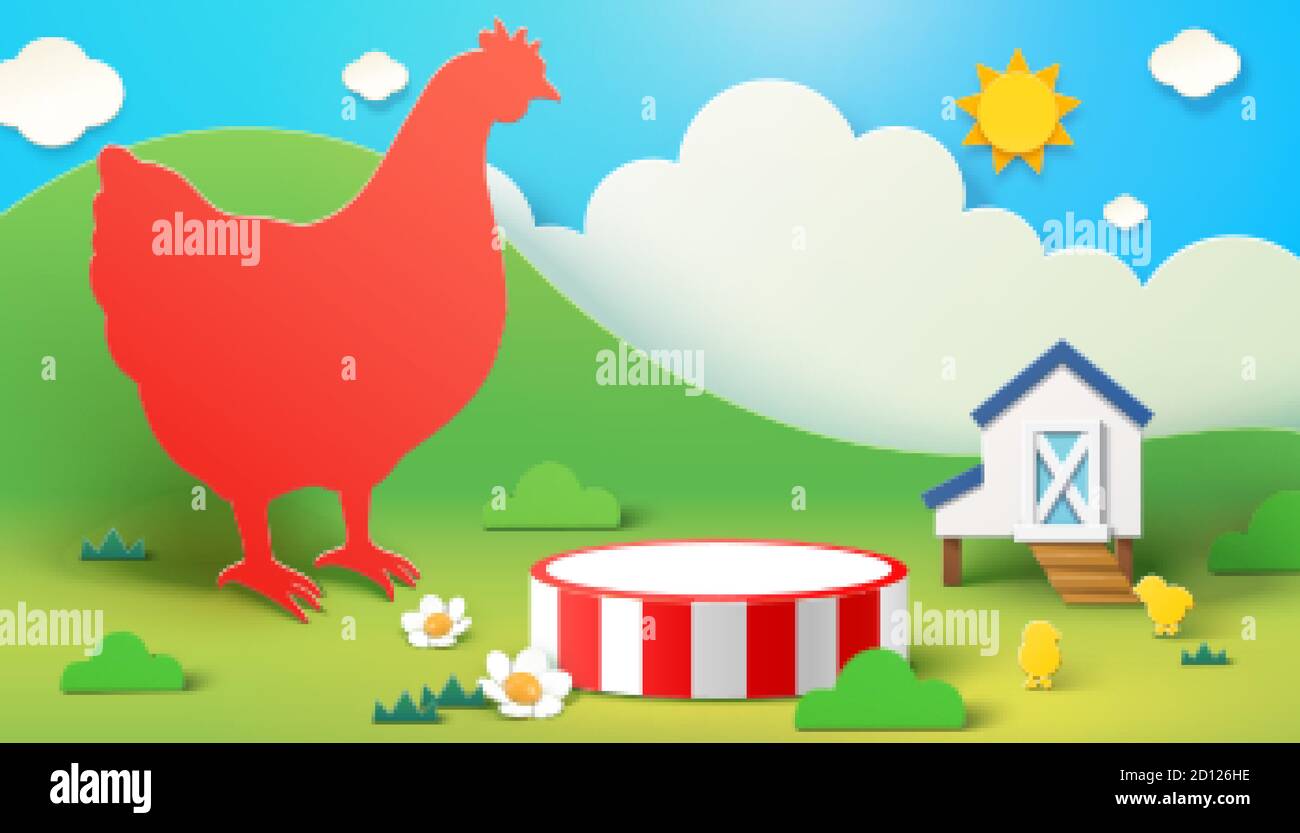 Bauernhof Thema Hintergrund mit Huhn Silhouette und Produktanzeige Podium, 3d-Illustration Stock Vektor